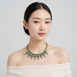 Southwestern Middle Eastern Turquoise Cabochon Dangle Necklace 15.5" Chocker VG